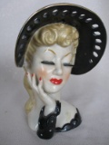 Japan Art Deco figural lady head vase 18cm with rare black wide brim hat, o