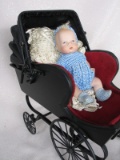 Miniature 1990s Doll Pram by Ron WA, 31cm long metal and wood construction,