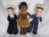 Brown velveteen Norah Wellings 'Islander' girl 21cm. Original grass skirt,