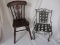Three Doll Props / Chairs:- vintage 43cm polished wood rocker, 36cm metal,