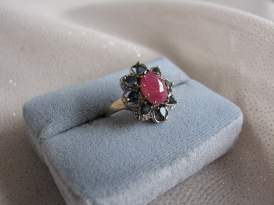 Ladies Ruby Sterling Silver 925 dress ring. Oval rose cut 2.55ct Ruby, 8 pe