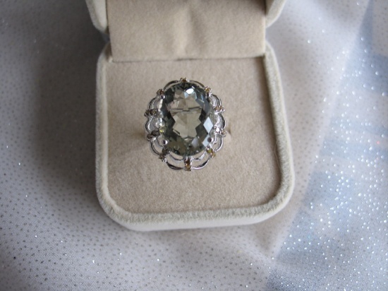 Ladies 14K White Diamond & Prasiolite Gold dress ring, stamped 14K. Quartz