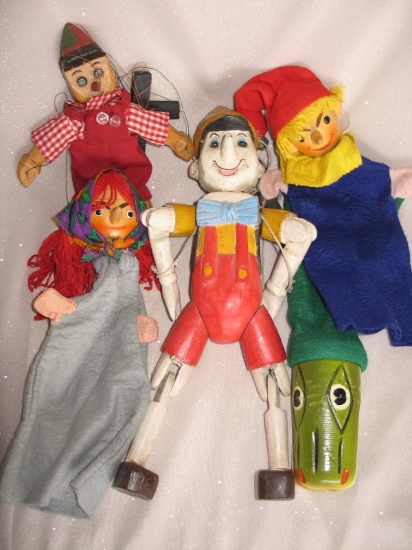 Eleven vintage puppets includes:- Marionette Pinocchio carved wood 38cm, ma
