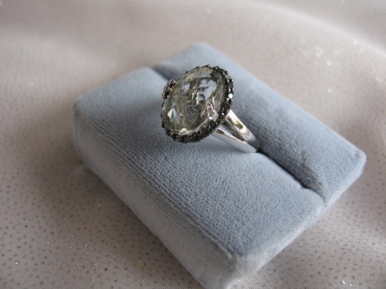 Ladies 14K White Gold Diamond & Prasiolite dress ring, stamped 14K. Quartz