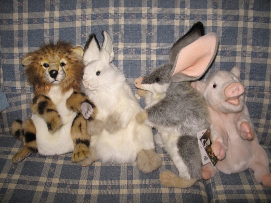 Four Hansa hand puppets 2015. Bilby, Cheetah, Pig and white Rabbit with tag