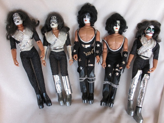 Five 1977 Mego 'Kiss' action dolls 32cm. Two Paul Stanley's, one all origin