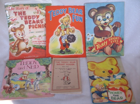 Six child Teddy bears books 1940-50s:- Teddy & Ned with Golli reference, TB