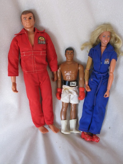 Three 70s Action Figures:- Mego 1975 Muhammad Ali 24cm, original stained sh