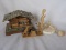 Boxed Funmate doll highchair. Also six doll 'Mini Bouncers' 28cm long. Wood