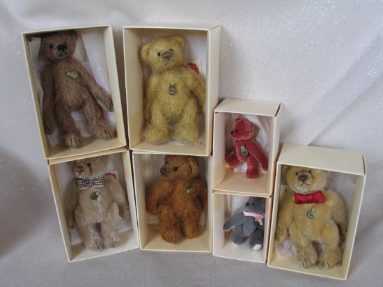 Seven MIB Teddy Hermann miniature bears. Five LE 10cm mohair bears have COA
