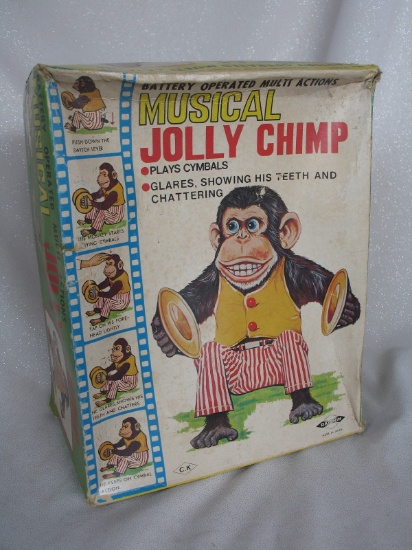 Boxed Daishin 1960s Musical Jolly Chimp. All original B/O, green paper hang