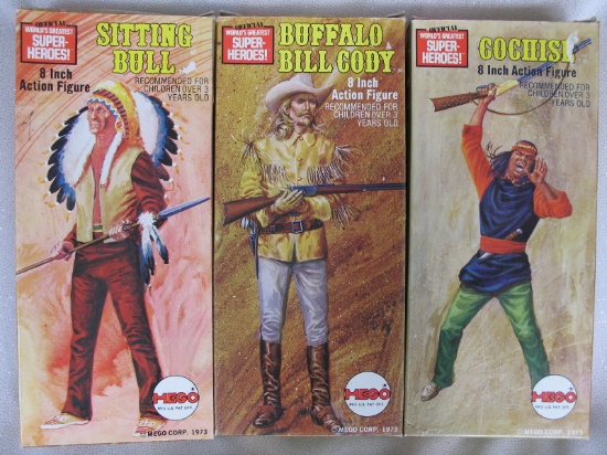 Six MIB Mego 1974 Western Heroes 20cm. Cochise, Sitting Bull, Wild Bill Hic