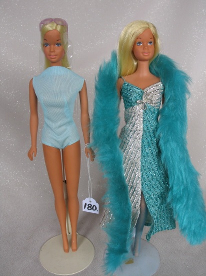 Two Sun Set Malibu Barbie's 1970. Original aqua swimsuit, lavender glasses,