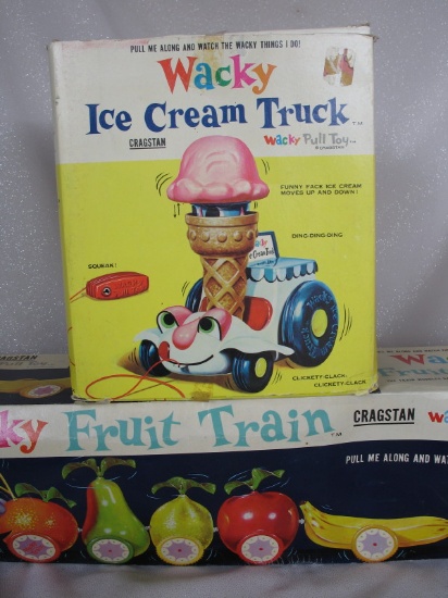 Two boxed 1964 Wacky Cragstan Pull Toys. Scarce Wacky Ice Cream Truck in VG
