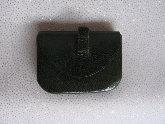 Leather c1870-80s French Fashion Doll clutch purse. Dark olive green leathe