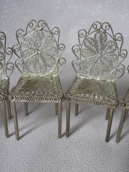 Set of Six Dollhouse filigree silver wire fancy vintage high back 7cm dinin