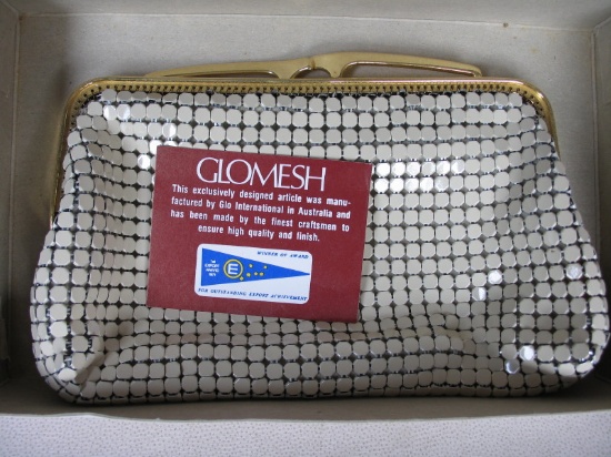 Collection Estate mixed items:- boxed cream Glomesh ladies clutch bag 20cm