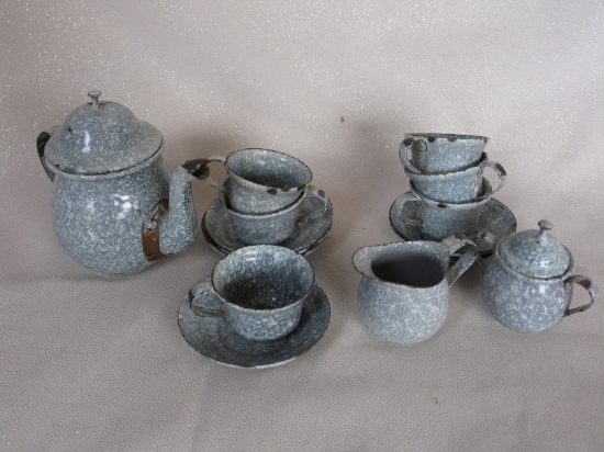 Antique French child Teaset gray enamelware seventeen (17) pieces, edge wea