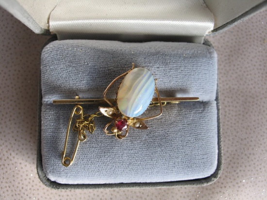 Estate Jewellery:- 9K Gold Bar Brooch, fancy beetle artist design with safe