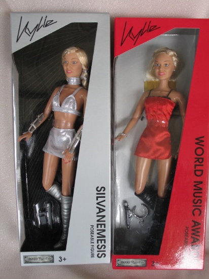 Two NRFB Jakks Kylie 2003 action dolls. World Music Awards and Silvanemesis