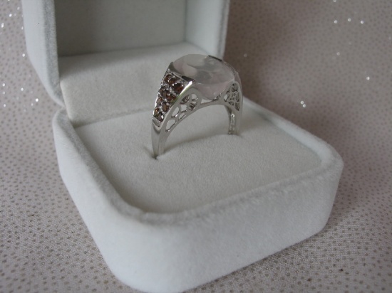 Ladies 14K White Gold, Rose Quartz & Diamond dress ring stamped 14K. Rose Q