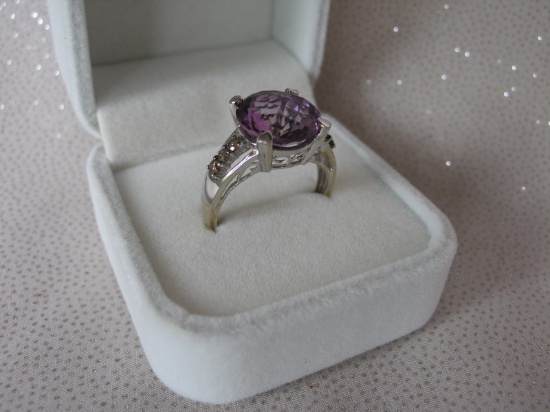 Ladies 10K White Gold, Amethyst & Diamond dress ring stamped 10K. Purple Am