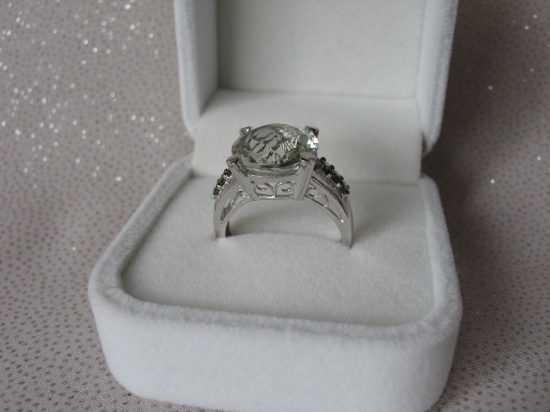 Ladies 14K White Gold, Quartz & Diamond dress ring stamped 14K. Light bluei