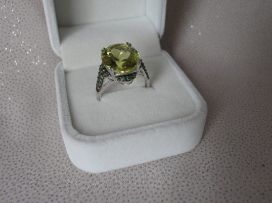 Ladies 14K White Gold, Quartz & Diamond dress ring stamped 14K. Lemon Quart