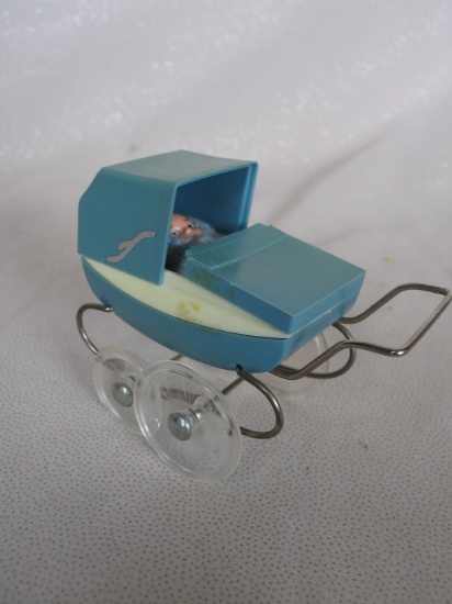 Miniature Tri-ang Spot-on 60s doll pram 8cm tall, blue hard plastic with ho