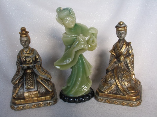 Five vintage Figurines:- Two Chinese pottery, Boy and wise Mother 32cm, gla