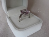 Ladies 10K White Gold Amethyst & Diamond dress ring stamped 10K. Light purp