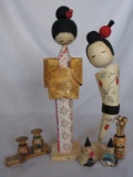 Mixed 60s Wood Dolls:- includes two Kokeshi Japan dolls to 29cm. Eight Thai