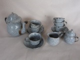 Antique French child Teaset gray enamelware seventeen (17) pieces, edge wea