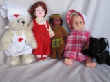 Five Dolls/bears:- white mohair Nurse artist bear 28cm, black cat with glas