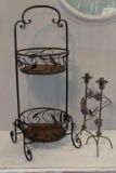 METAL TEIRED FRUIT STAND AND PAIR CANDLE STICKS