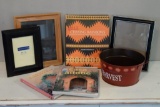 BOOKS, PICTURE FRAMES AND HARVEST TIN BUCKET