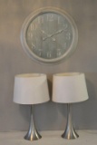 PAIR OF LAMPS AND CLOCK