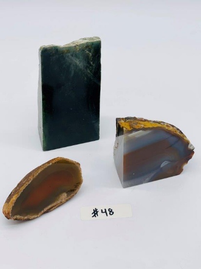 LARGE JADE SLAB, TWO CUT AND POLISHED GEODES