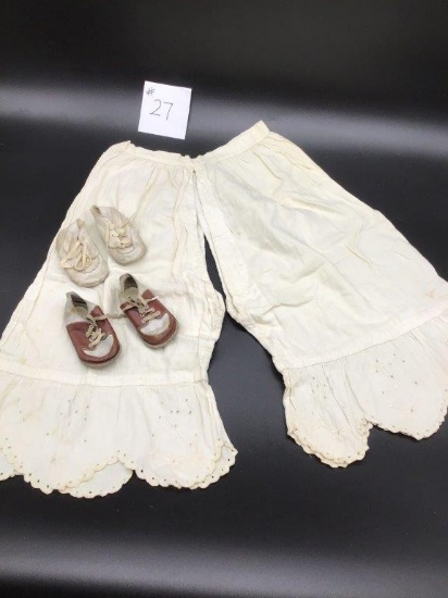 ANTIQUE CLOTHES, BABY SHOES, BABY BLANKET, RUNNER, AND COLLAR