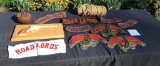 ROAD LORDS VARIOUS BIKER PATCHES, AND A CARVED GUN