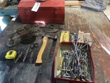 METAL TOOL BOX WITH MISC. HAND TOOLS AND CAST IRON DAMPERS