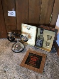 VINTAGE ROTARY PHONE & JACK DANIELS TIN & ART