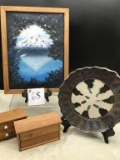 ORIGINAL MOUNTAIN PAINTING AND CERAMIC DECORATIVE PLATE