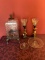 DECORATIVE GLASS BEVERAGE DISPENSER, SET OF SMALL LAMPS AND TWO GLASS CANDY DISHES