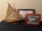 VINTAGE MODEL SHIP AND TWO FRAMED PHOTOS