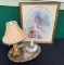 TWO VINTAGE LAMPS, SILVER PLATER AND FRAMED PRINT