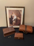 WOOD BOXES AND A FRAMED PRINT