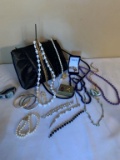 BLACK PURSE, BEADED JEWELRY AND MORE