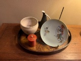 WOOD TRAY AND ASIAN CERAMICS