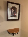 FRAMED PRINT OF KNIGHTING  AND SMALL SHELF